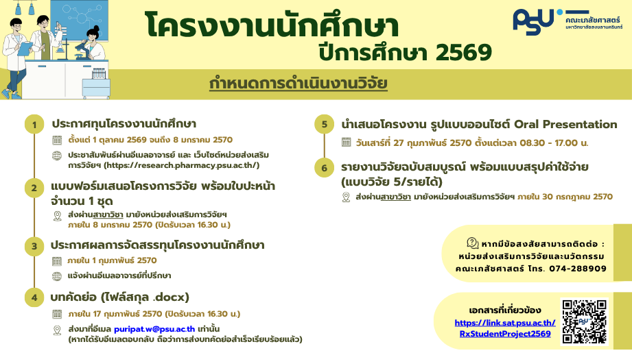 ทุนอุดหนุนการวิจัย ประเภทโครงงานของนักศึกษา ประจำปีงบประมาณ 2570